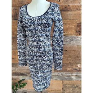 BCBG Sheena Blue White Geometric Long Sleeve Scoop Neck Bodycon Dress Size Med